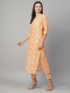 Gosriki Women'S Cotton Blend Printed Straight Kurta With Pant (Alohi Orange-N2W-Gs_S_Orange_Small),Orange,,B0C8DKYSJL