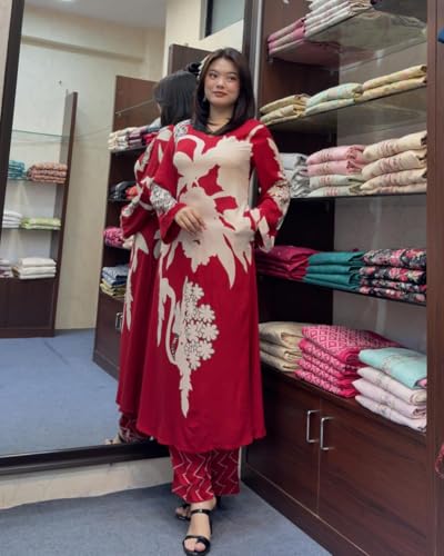 Anni Designer Women'S Cotton Blend Straight Printed Kurta With Palazzo (Cukari Red_L_Red_Large),Red,L,Rayon Blend,Straight,