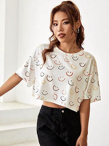 Toplot Women'S Casual Printed Crop Top With Half Sleeve Pack Of 2 (Combo-5098-Cku-Sml-M),Chiku-Smile,,B0CFTWMF53