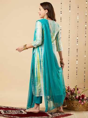 Anni Designer Women'S Cotton Blend Straight Printed Kurta With Pant & Dupatta (Tiedye-Rama Blue_5Xl_Blue_Xxxxx-Large),Blue,5XL,Cotton Blend,Regular,Dupatta