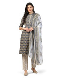 TADKEE Women's Poly Cotton Printed Straight Kurta with Pant & Dupatta (FN-Kurta-Set-Dupatta-5198-Grey-S)