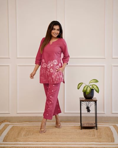 Anni Designer Women'S Cotton Blend Straight Embroidered Kurta With Pant Set (Sapna Wine_S_Wine_Small),Wine,S,Cotton Blend,Regular,