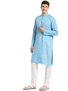 Sojanya (Since 1958 Men'S Cotton Turquoise Blue & White Printed Only Long Kurta