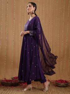 Anni Designer Women'S Viscose Rayon Mukaish Work Anarkali Kurta With Pant & Dupatta (Park Violet_Xl_Violet_X-Large),Violet,XL,Rayon,Anarkali,