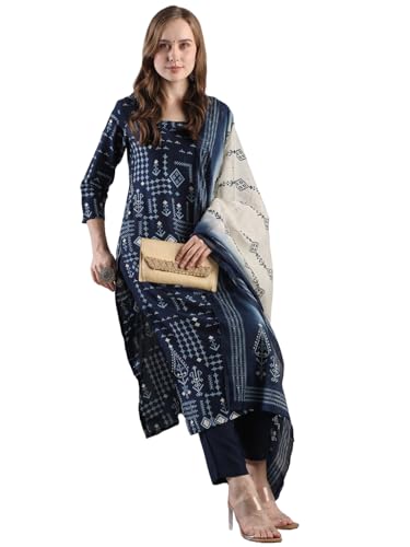 Anni Designer Women'S Rayon Blend Straight Printed Kurta With Pant & Dupatta (Paulmi Blue-Vks02_Xl_Blue_X-Large),Blue,XL