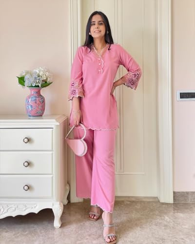 Anni Designer Women'S Cotton Blend Embroidered Ethnic Co-Ord Set (Anjeer Pink_L_Pink_Large),Pink,L,Cotton Blend,Regular,Kurta