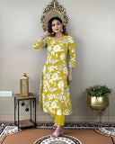 Anni Designer Women'S Cotton Blend Straight Printed Kurta With Pant (Dhun Lemon_S_Lemon_Small),Lemon,S,Rayon Blend,Regular,