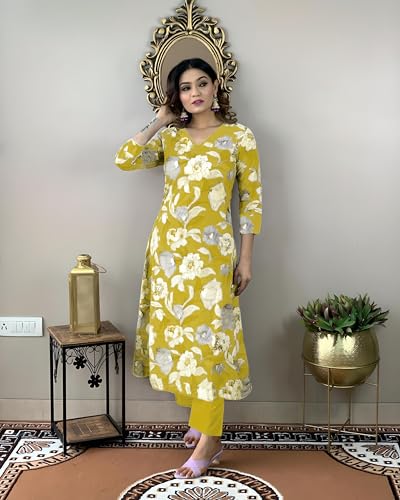 Anni Designer Women'S Cotton Blend Straight Printed Kurta With Pant (Dhun Lemon_L_Lemon_Large),Lemon,L,Rayon Blend,Regular,