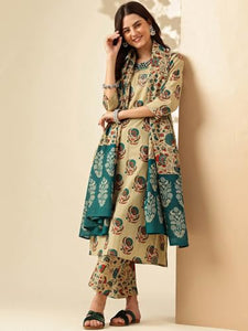 Gosriki Women'S Rayon Blend Straight Printed Kurta With Pant & Dupatta (Kartar Beige-Gs_S_Beige_Small),Beige,,B0DBM2PL8V