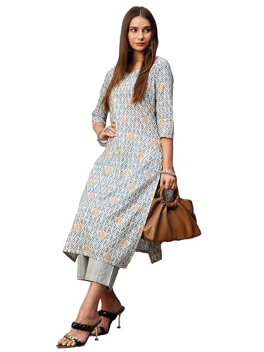 Anni Designer Women'S Cotton Blend Straight Printed Kurta With Pant (Pat 11 Blue-Nw_M_Blue_Medium),Blue,M