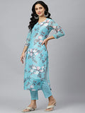 Anni Designer Women'S Cotton Blend Printed Straight Kurta With Pant & Dupatta (Itta Sty Blue_Xxl_Blue_Xx Large),Blue,2XL,Cotton,Straight,Dupatta