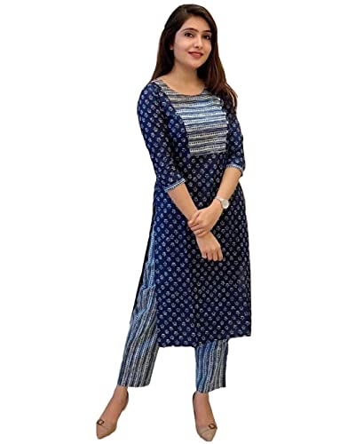 Gosriki Women'S Cotton Blend Straight Printed Kurta With Pant (Kuhoo Blue-Gs_3Xl_Blue_Xxx-Large),Blue,3,B0C5JTG8ZY