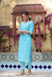 Anni Designer Women'S Cotton Blend Straight Printed Kurta With Pant (Kidaya Blue-Bfv_5Xl_Blue_Xxxxx-Large),Blue,5XL,Cotton Blend,KIDAYA BLUE-BFV049,