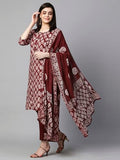 Anni Designer Women'S Cotton Blend Printed Straight Kurta With Pant & Dupatta (Sayara-Wine-Nw_M_Wine_Medium),Wine,M,Cotton Blend,Regular,