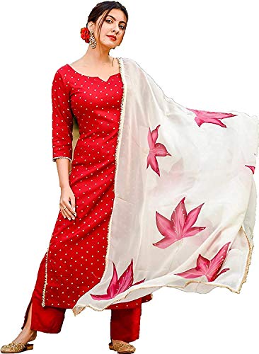 Gosriki Women'S Rayon Kurta Pant With Dupatta (Red_Xl-Go Xx-Large) X Large,Red,,B08PDDFLSK