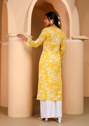 Anni Designer Women'S Cotton Blend Chikankari Embroidered Straight Kurta (Zainab Yellow_Xl_Yellow_X-Large),Yellow,XL,Cotton Blend,Regular,