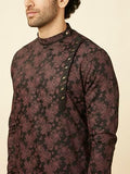 Manyavar Men'S Midnight Black Floral Patterned Angrakha Style Kurta (M)