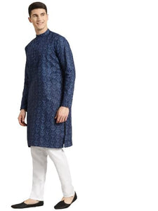 Sojanya (Since 1958 Men'S Cotton Blend Navy Blue & Black Printed Kurta & White Churidar Pyjama Set Navy Blue & Black Xl
