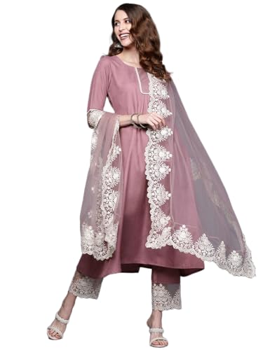 Alvami Women Emboridered Anarkali Kurta and Pant Set with Dupatta (XL) Pink