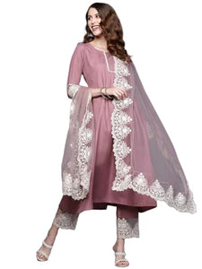 Alvami Women Emboridered Anarkali Kurta and Pant Set with Dupatta (XL) Pink