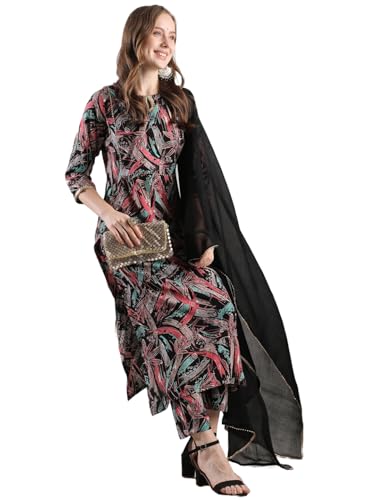 Gosriki Women'S Rayon Blend Straight Printed Kurta With Pant & Dupatta (Sunsari Black-Gs_L_Black_Large),Black,,B0DJWFQNXH