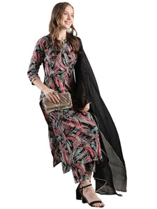 Gosriki Women'S Rayon Blend Straight Printed Kurta With Pant & Dupatta (Sunsari Black-Gs_L_Black_Large),Black,,B0DJWFQNXH