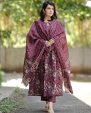 Gosriki Women'S Rayon Blend Anarkali Printed Kurta With Pant & Dupatta (Kanjur Wine-Gs_S_Wine_Small),Wine,,B0DC6M4BM1