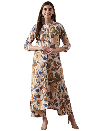 Anni Designer Women'S Cotton Blend Straight Printed Kurta With Palazzo (Yamla Yellow_L_Yellow_Large),Yellow,L