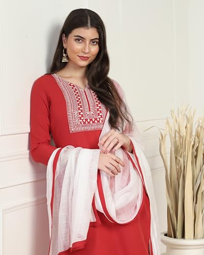 Toplot Women'S Solid Straight Kurta With Pant & Dupatta|Kurta Pant Set With Dupatta (Straight-Kurta-Pant-5197-Red-Xxl),Red,2,B0DCNJYV38