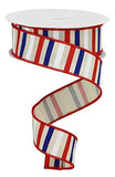 Horizontal Stripe Wired Edge Ribbon - 10 Yards (Cream, Red, White, Blue, 1.5)