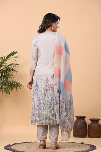 Anni Designer Women'S Cotton Blend Printed Straight Kurta With Pant & Dupatta (Rml Beige_M_Beige_Medium),Beige,M,Cotton Blend,Regular,
