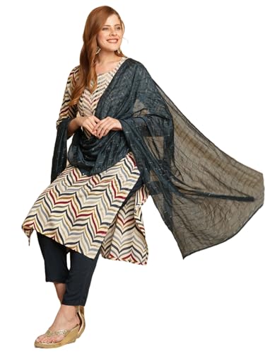 Gosriki Women'S Cotton Blend Straight Printed Kurta With Pant & Dupatta (Kamkoj Navy Blue-Gs_L_Navy Blue_Large),Navy Blue,,B0D9WCGM1N