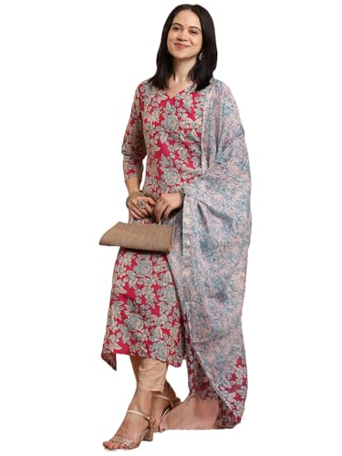 Gosriki Women'S Rayon Blend Printed Straight Kurta With Pant & Dupatta (Moringa Pink-Vks05-Gs_Xl_Pink_X-Large),Pink,,B0DK9NNPHB