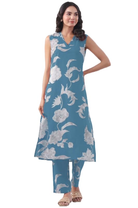 Anni Designer Women'S Rayon Viscose Straight Printed Kurta With Pant (Teras Sky Blue-Vks01_Xl_Sky Blue_X-Large),Sky Blue,XL