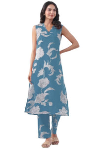 Anni Designer Women'S Rayon Viscose Straight Printed Kurta With Pant (Teras Sky Blue-Vks01_Xl_Sky Blue_X-Large),Sky Blue,XL