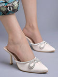 Shoetopia Women'S Golden Elegant Ivory Satin Mule Heels With Crystal Bow Pointed Toe Slip-On Dress Rhinestone For Party Or Evening Events Eu36,Gold,3,B0DJJWR15W