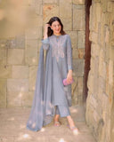 Anni Designer Women'S Cotton Blend Embroidered Straight Kurta With Pant & Dupatta (Gudali Blue_Xl_Blue_X-Large),Blue,XL,Cotton Blend,Regular,Kurta, Scarf