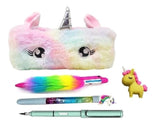 Eclet 5Pc Unicorn Combo Set Fur Pencil Pouch & Complete Writing Essentials Kit for Kids | Cute School Stationery Gift Set