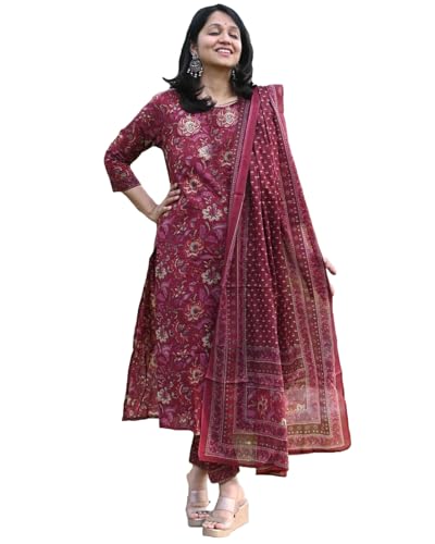 Anni Designer Women'S Rayon Blend Straight Printed Kurta With Pant & Dupatta (Parava Maroon_Xxl_Maroon_Xx-Large),Maroon,2XL