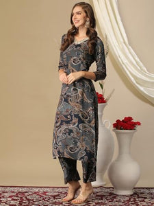 Gosriki Women'S Cotton Blend Straight Printed Kurta With Pant (Bolina Blue-Nj-Gs_Xl_Blue_X-Large),Black,,B0D3BY2PMG
