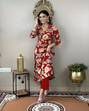 Anni Designer Women'S Cotton Blend Straight Printed Kurta With Pant (Dhun Red_Xxl_Red_Xx-Large),Red,2XL,Rayon Blend,Regular,