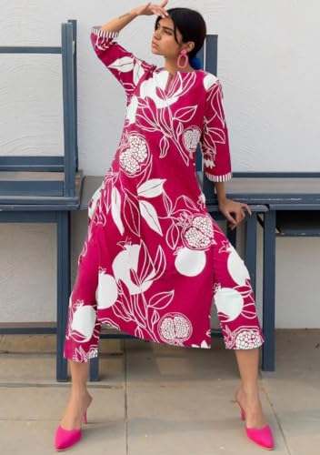 Anni Designer Women'S Cotton Blend Straight Printed Kurta With Pant (Anaar-Pink_S_Pink_Small),Pink,S,Cotton Blend,Regular,