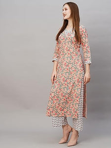 Gosriki Women'S Cotton Blend Printed Straight Kurta With Pant (Cam Peach-Gs_L_Peach_Large),Peach,,B0CBPT132V