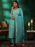 Libas Womens Woven Design Silk Blend Straight Kurta With Trousers And Dupatta Turquoise Blue M