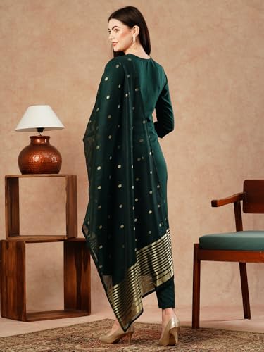 Anni Designer Women'S Cotton Blend Straight Embroidered Kurta With Pant & Dupatta (Kanimoj Green_Xxl_Green_Xx-Large),Green,2XL,Cotton Blend,Kanimoj Green_1495,Kurta, Scarf