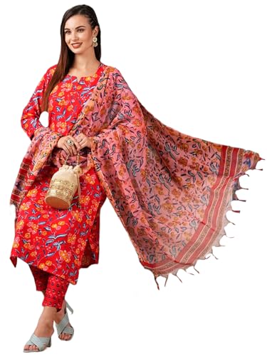 Anni Designer Women'S Cotton Blend Straight Printed Kurta With Pant & Dupatta (Ja Gadi Red-Ns_M_Red_Medium),Red,M