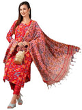 Anni Designer Women'S Cotton Blend Straight Printed Kurta With Pant & Dupatta (Ja Gadi Red-Ns_M_Red_Medium),Red,M