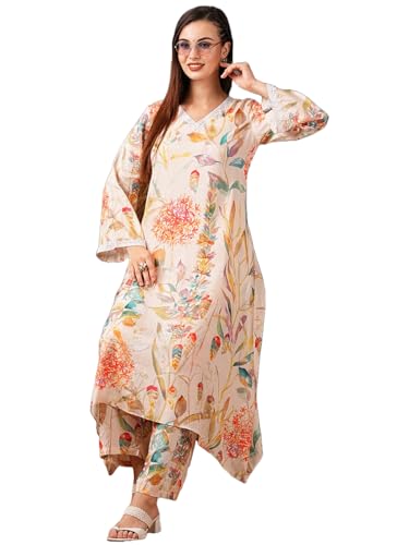 Gosriki Women'S Cotton Blend Anarkali Printed Kurta With Pant (Tikari Cream-Gs_L_Cream_Large),Cream,,B0D57C6L73