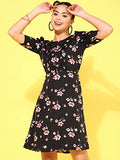 Oomph! Women'S Western & Fusion Wear Below Knee Shift Black Dress In Crepe Fabric With Round Neck And Puff Sleeves - Md627M