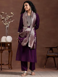 Libas Womens Woven Design Silk Blend Straight Kurta With Trousers And Dupatta Wine L